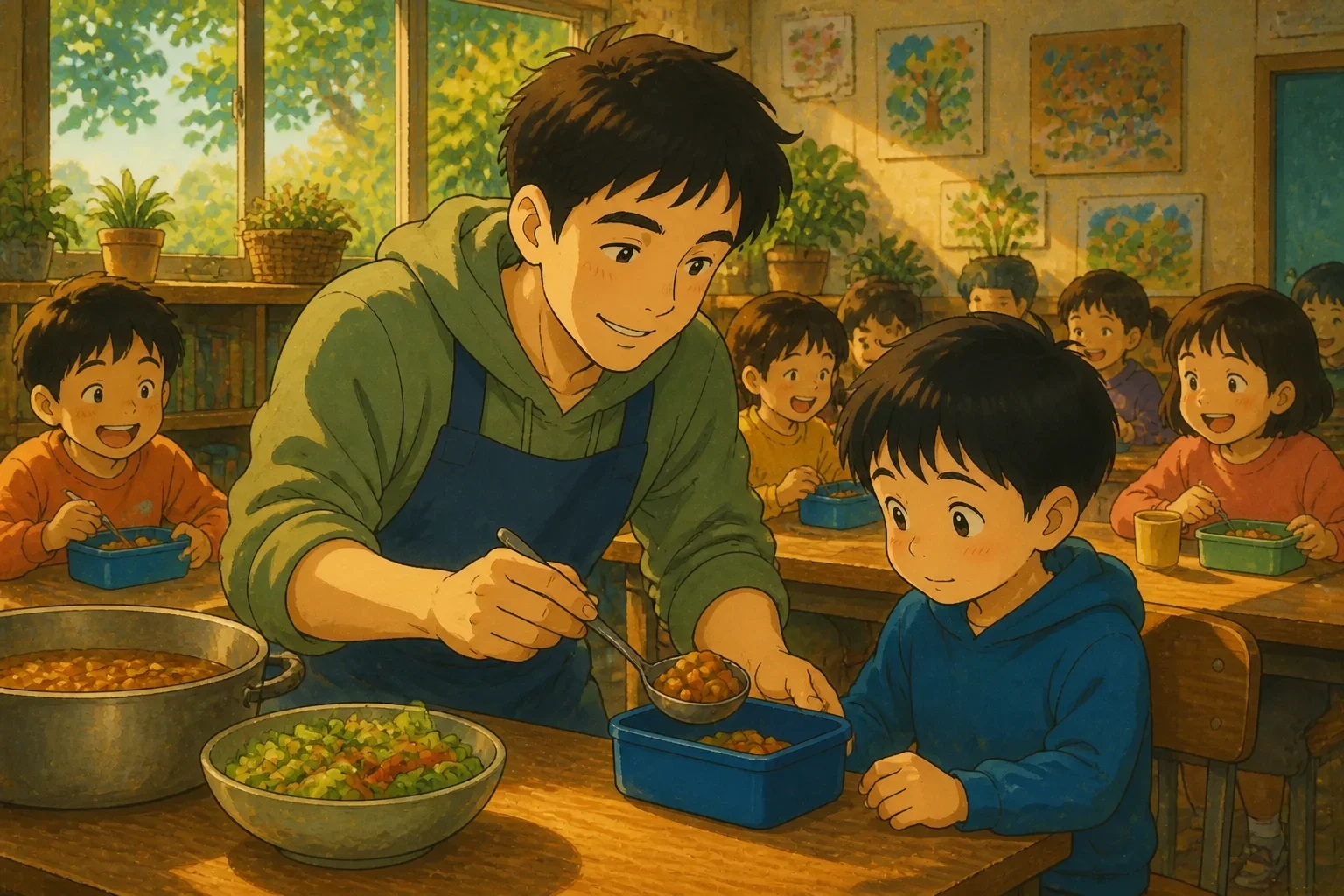 An adult man, inspired by his childhood, helping to serve food to a diverse group of children, including a boy with an empty lunch box sitting quietly.