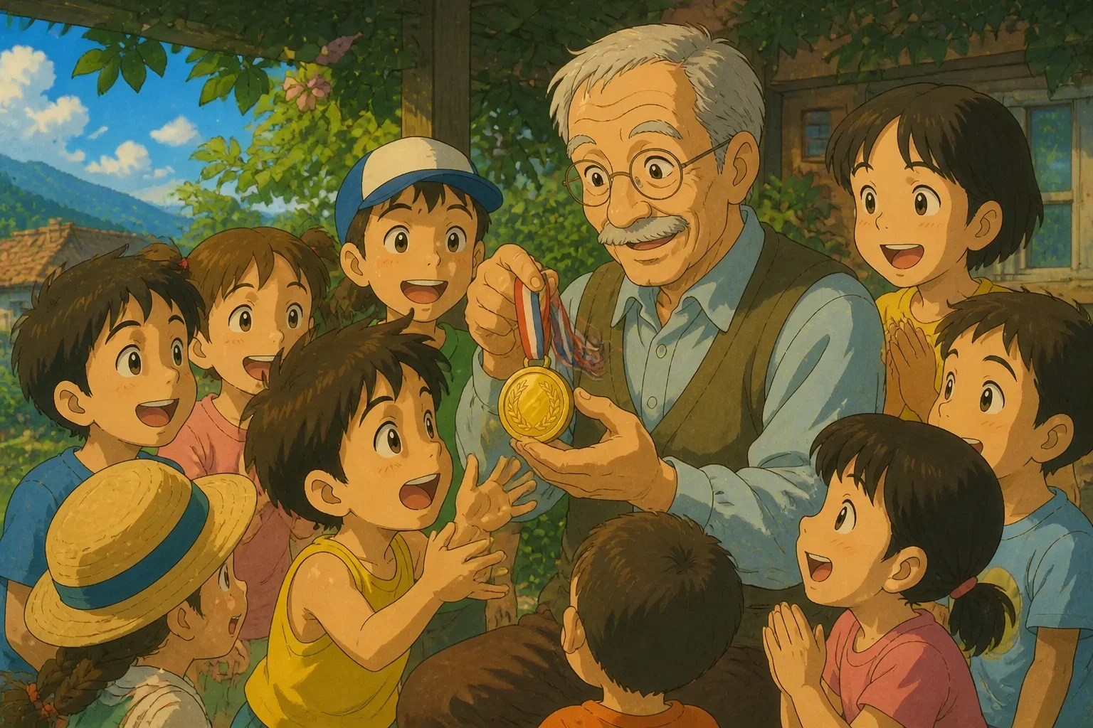 An older, kind-hearted man sharing a medal with children at a community center, all smiling warmly.