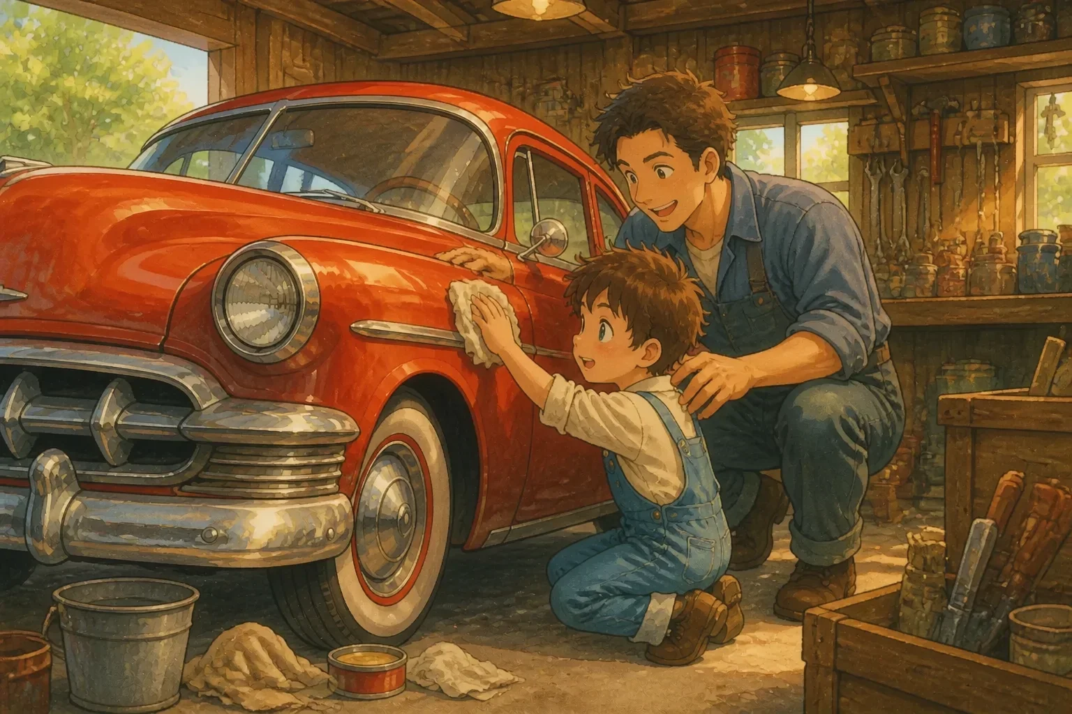 A vintage red Chevrolet car shining in a garage, with Tommy and his father polishing it together, surrounded by tools and memories.