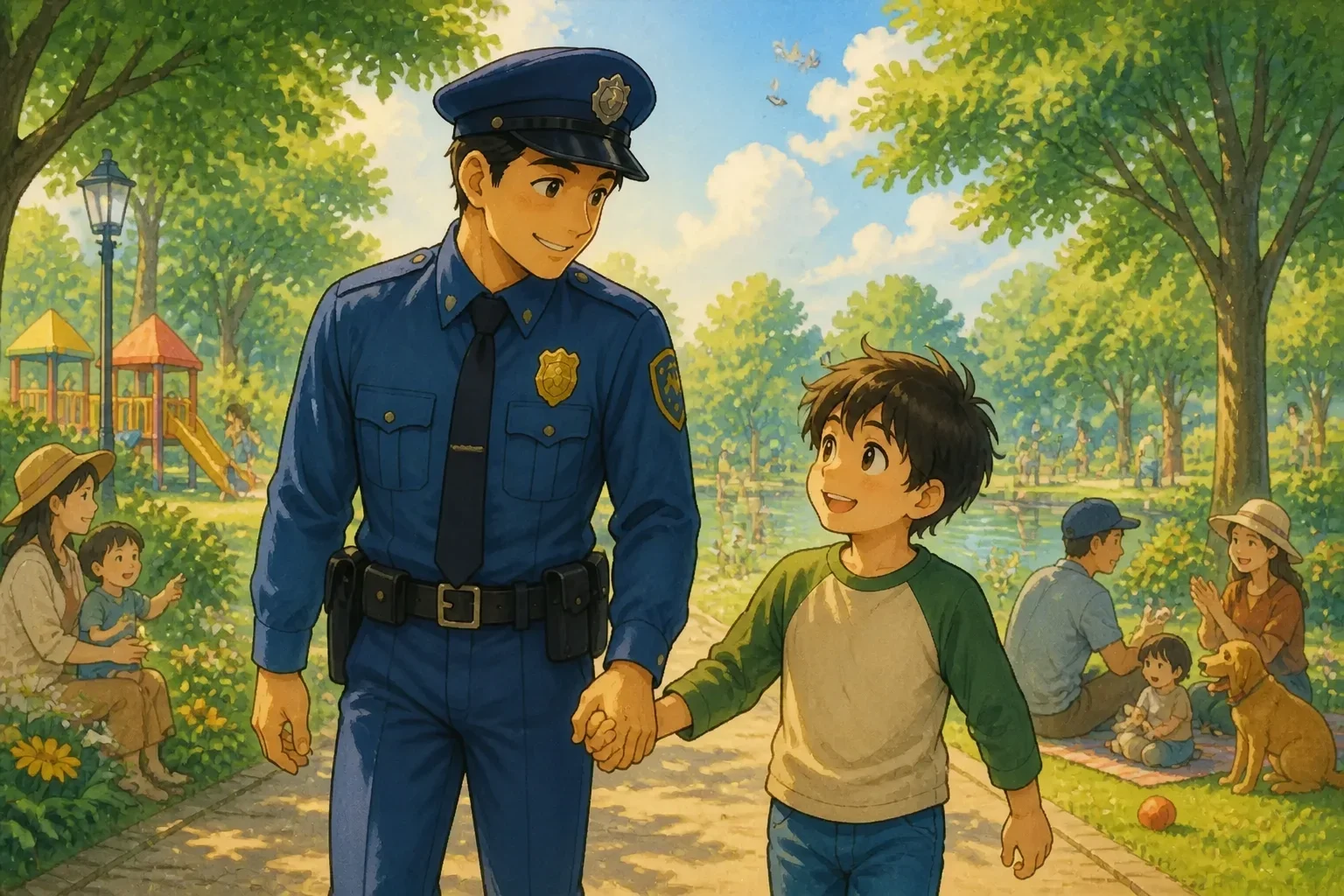 A cheerful, storybook-style scene showing a police officer gently holding the hand of a smiling boy as they walk outdoors on a sunny day. The boy looks confident and proud, symbolizing personal growth. They are in a lively park with families, trees, and a bright sky, illustrating the message of hope, support, and positive change.