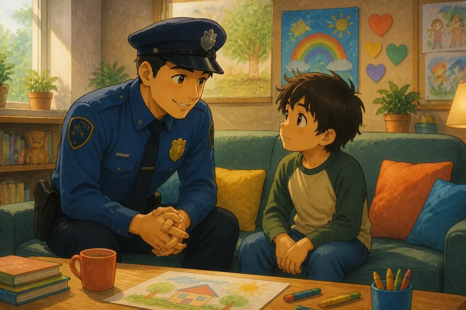 A police officer sitting beside a troubled young boy inside a community center, listening attentively with a supportive expression.