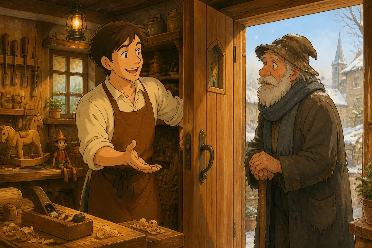 An elderly man with a long beard and tattered clothes standing outside a cozy carpenter's workshop, shivering and holding a walking stick.