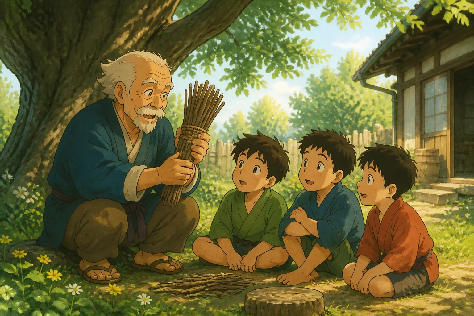 An elderly man with a kind face, holding a bundle of sticks tied together, with three young sons watching attentively in a bright backyard.