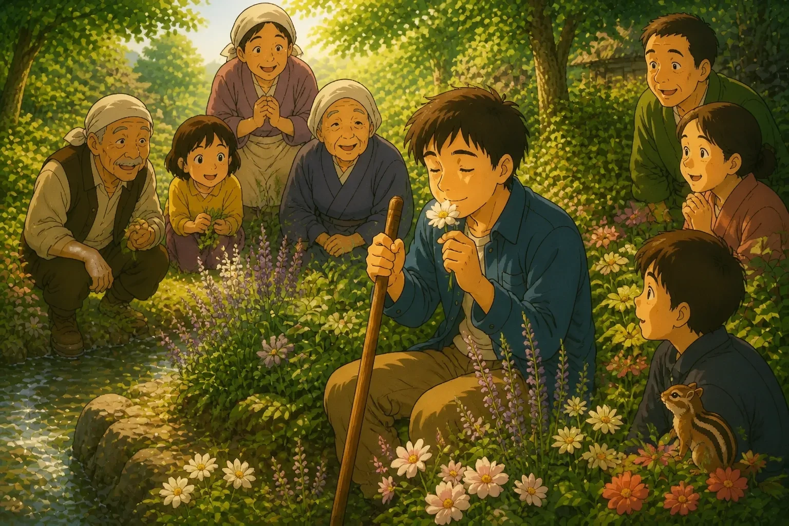 A content blind man sitting peacefully in a garden, enjoying the scents and textures around him, with villagers in the background appreciating the simple joys.
