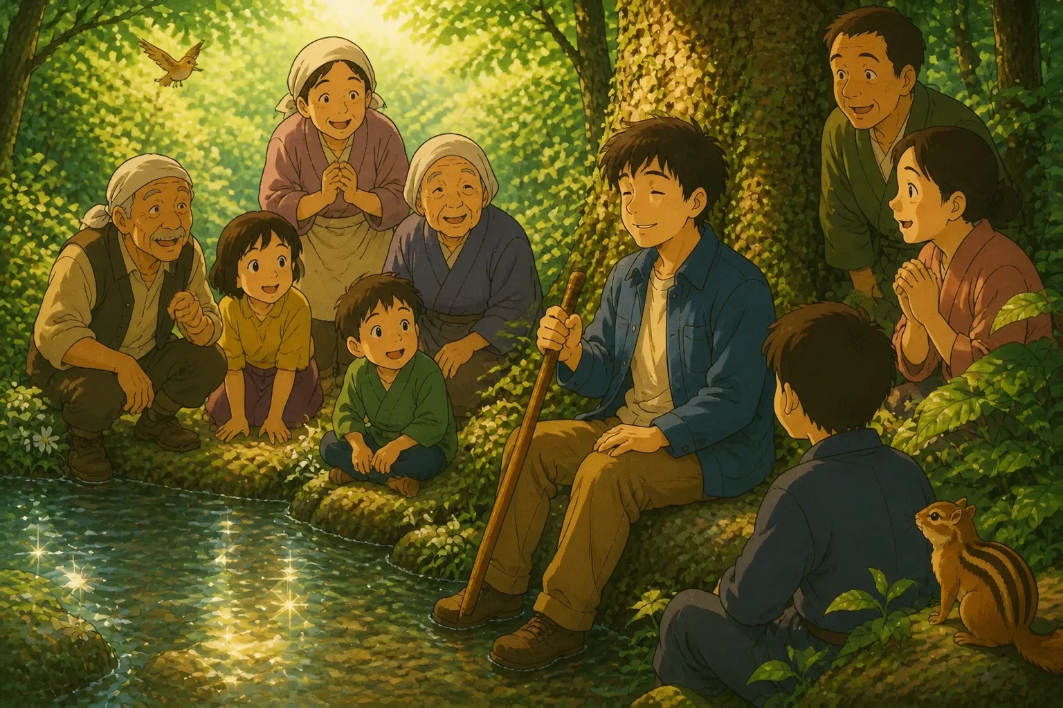 A wise, happy blind man sitting by a sparkling spring with villagers gathered around, sharing his experience and listening.