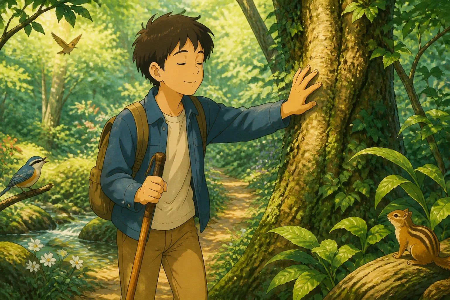 A young blind man walking through a lush green forest with a wooden walking stick, feeling the textures of leaves and listening to the sounds of a bubbling stream.