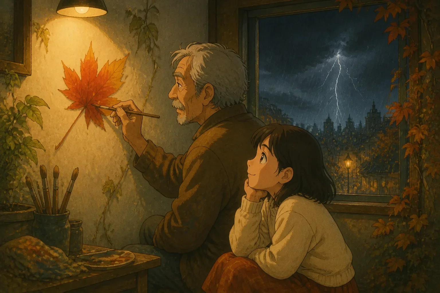 An elderly painter carefully adding a detailed, realistic leaf to a wall as storm clouds gather outside, with a young girl watching anxiously.