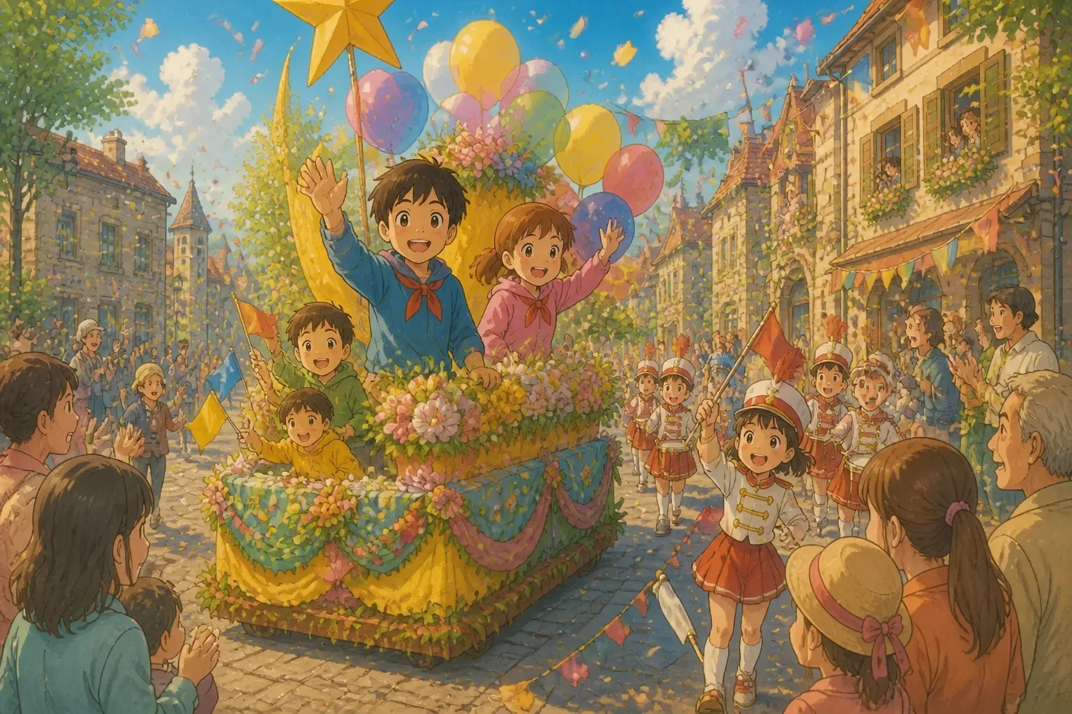 Colorful floats, cheerful children waving flags, and townspeople enjoying a lively parade celebrating Labor Day in a small town with green hills in the background.
