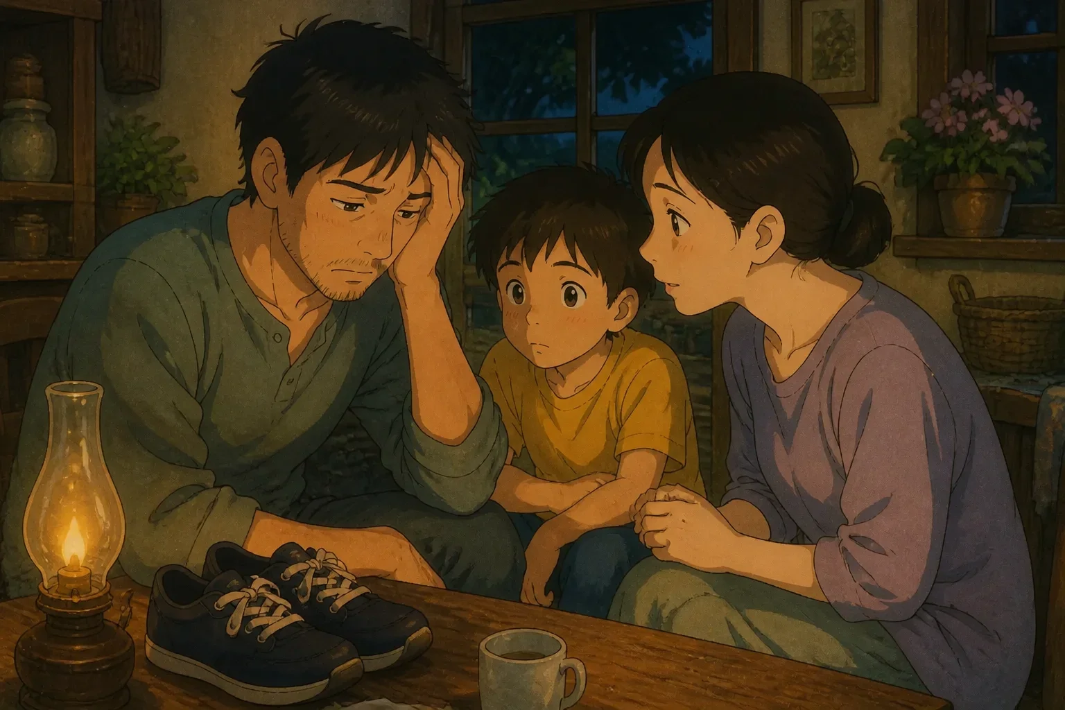 The boy overhears his parents discussing the sacrifices made to buy him the shoes, understanding their love.