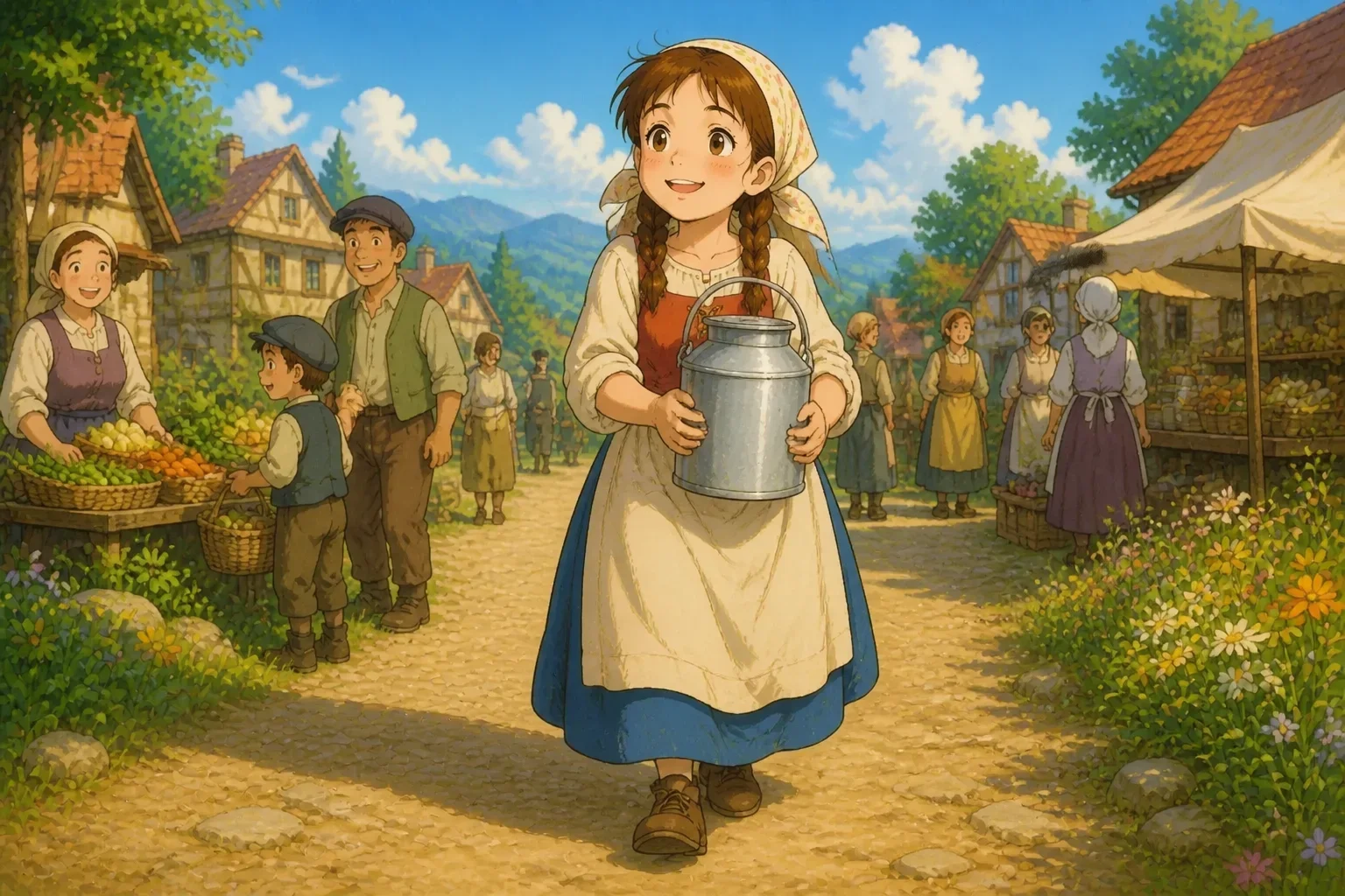 A determined milkmaid carefully carrying her milk pail along a village path, with a smile, having learned to stay focused on her task, with villagers and market stalls in the background.