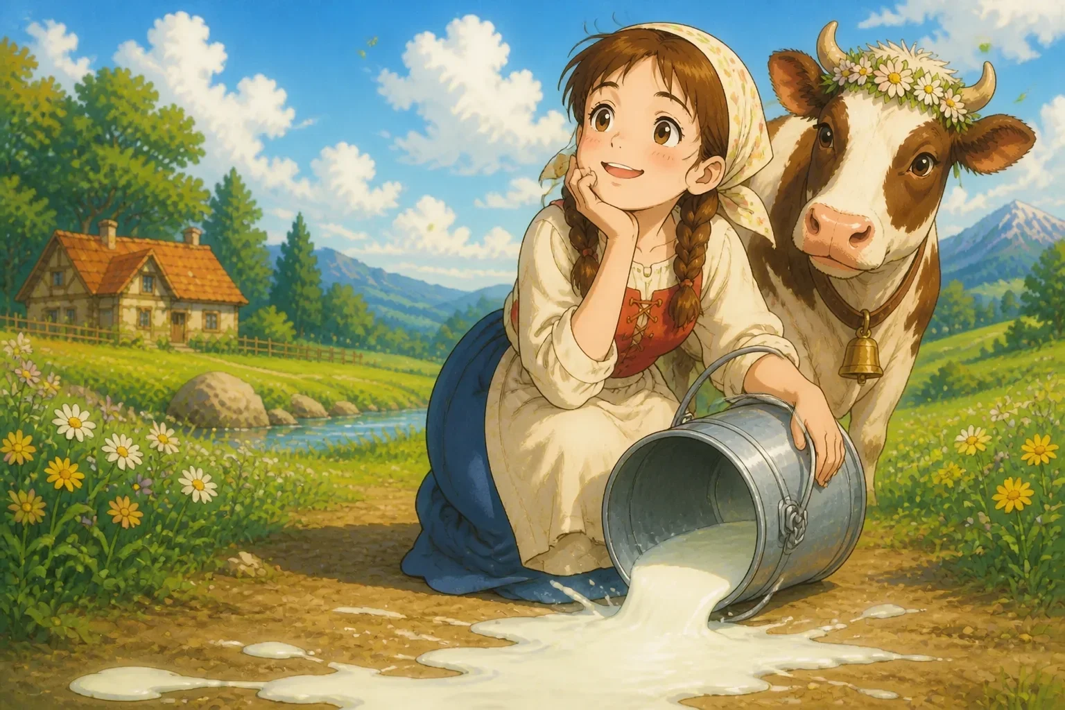 A young milkmaid daydreaming about future riches, with her eyes twinkling as she imagines buying a dress and shoes, while her milk pail overflows near her.