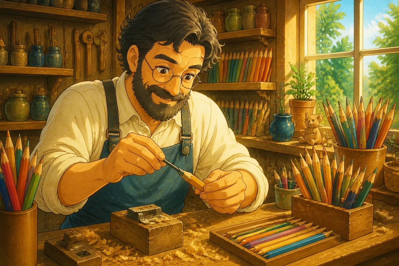 Samuel inserting a graphite core into a finished pencil, with a bright, lively workshop in the background, emphasizing knowledge and growth.
