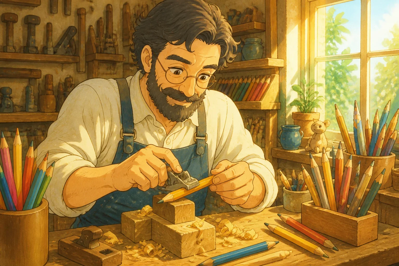 Samuel, the pencil maker, carefully shaping a piece of wood in his workshop filled with colorful pencils and tools, showing dedication and craftsmanship.
