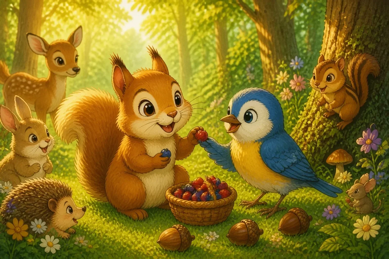Bella and Sammy having a picnic together in a sunny forest clearing, sharing berries and acorns, laughing and enjoying each other's company.