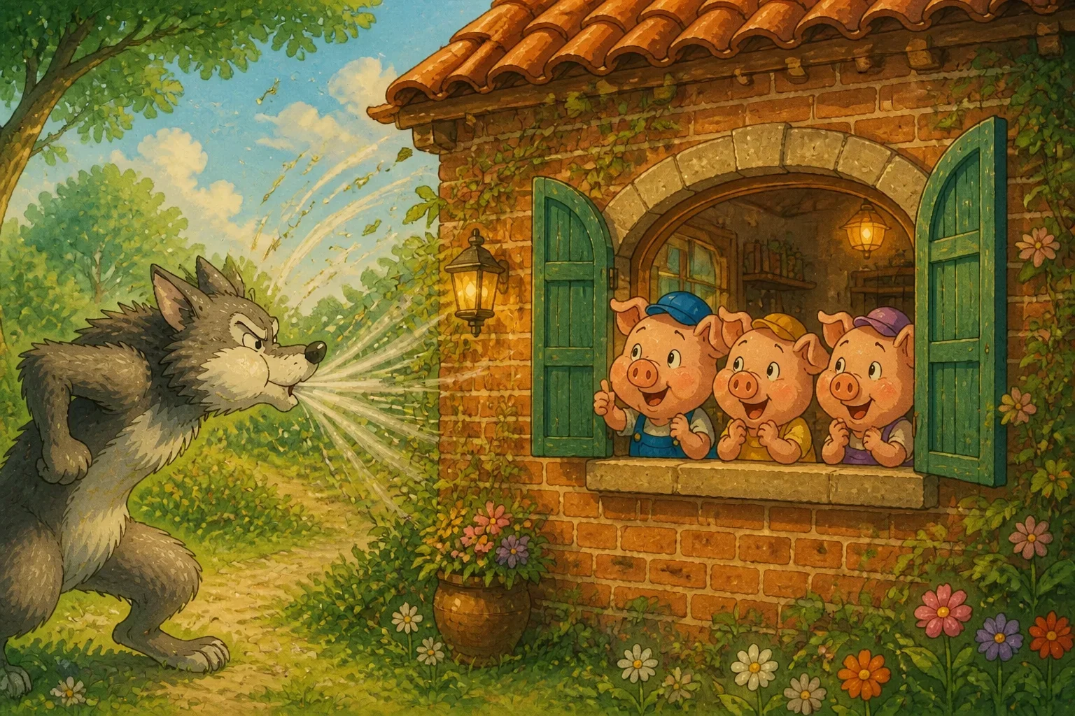 Three little pigs safely inside a sturdy brick house with the wolf outside trying in vain to blow it down, in a cozy and secure setting.