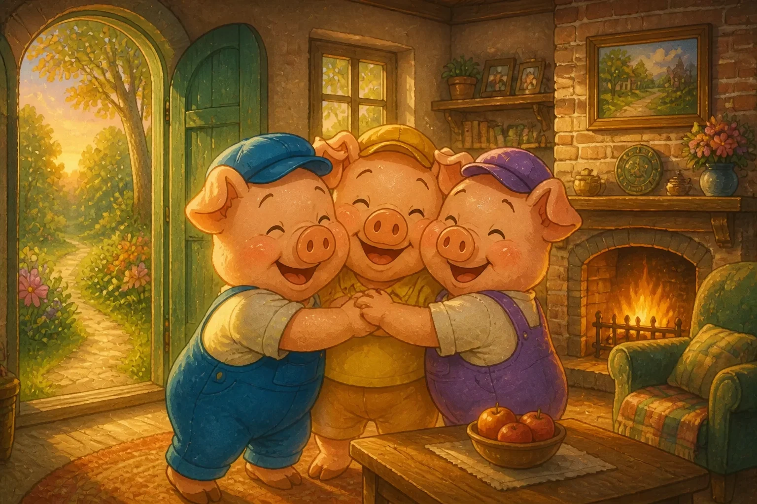 Three little pigs happily hugging each other inside their secure brick house, celebrating their teamwork and perseverance.