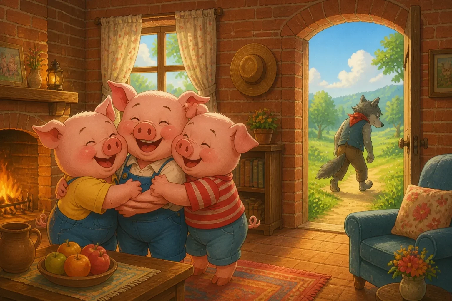 The three pigs inside their sturdy brick house, happily watching the tired wolf walking away after failed attempt to blow it down, with clear expressions of relief and triumph.