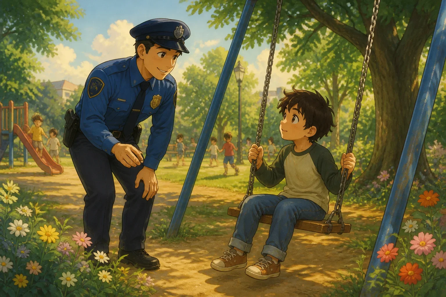 A kind police officer gently approaching a young boy sitting on a swing in a peaceful park setting, both characters showing a moment of connection and compassion.