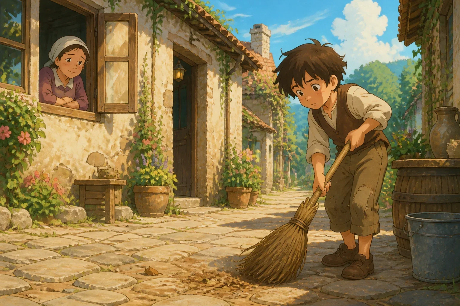 A humble village scene with cobblestone streets and simple cottages, showing the young servant Thomas working diligently under the bright sun.