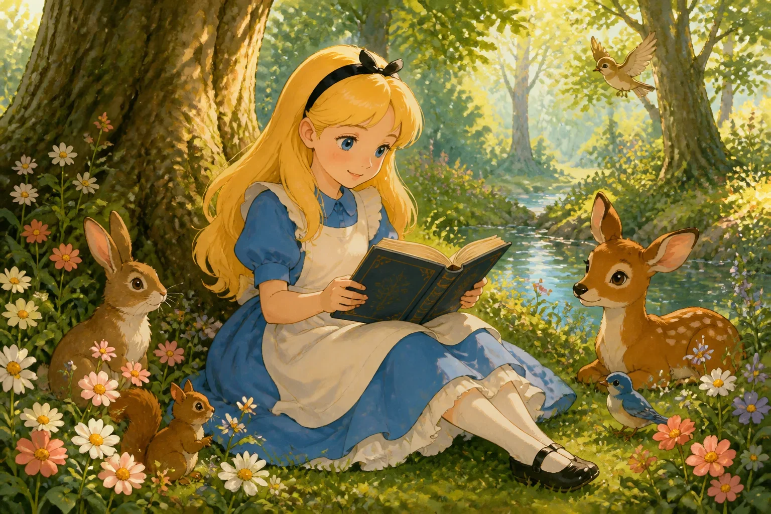 Princess Alice sitting peacefully in the forest reading her moral storybook, surrounded by trees and colorful flowers, her face showing calm and joy.