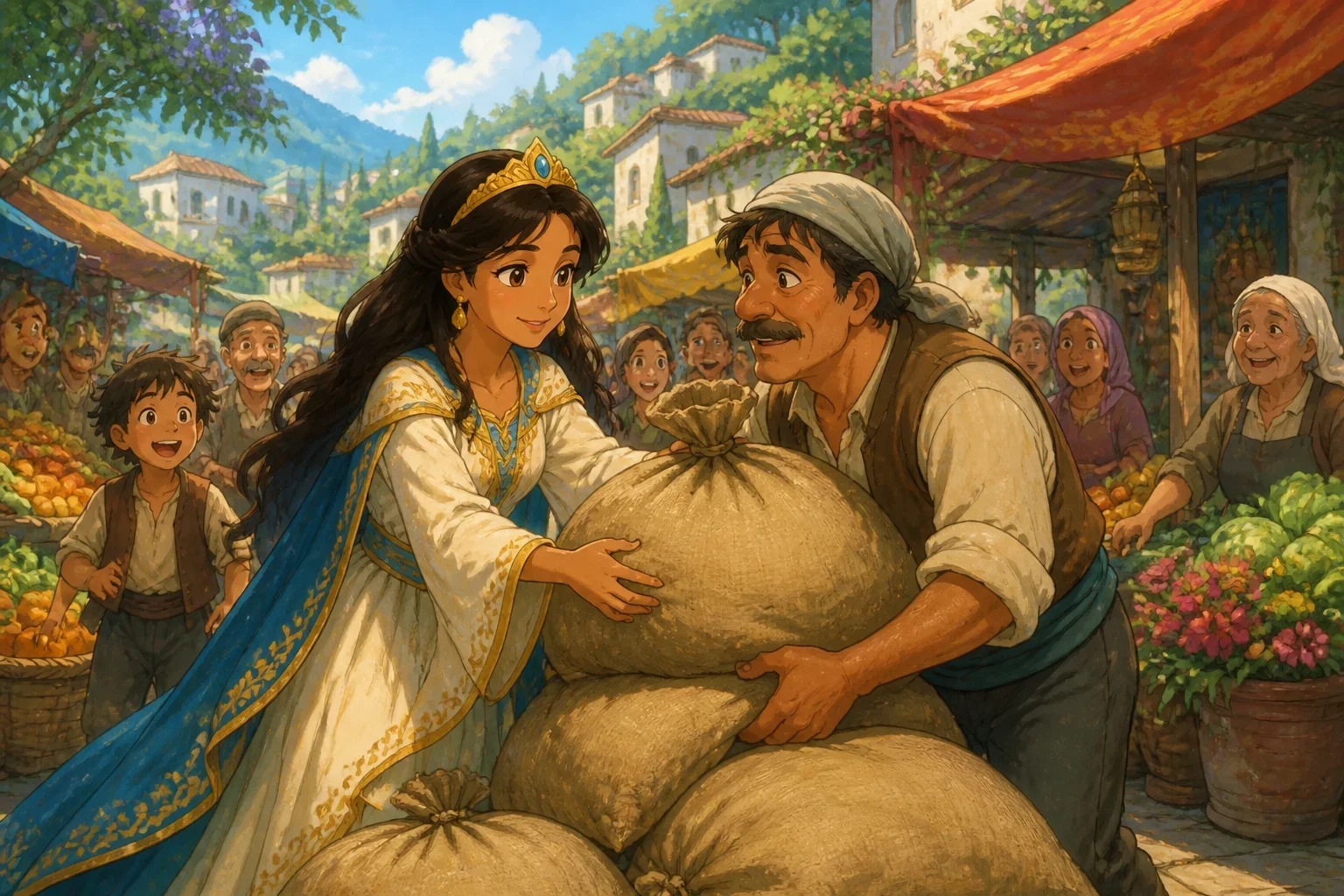 Princess Amara helping a farmer carry heavy sacks of grain in the vibrant marketplace of her kingdom, with colorful stalls and happy villagers around.
