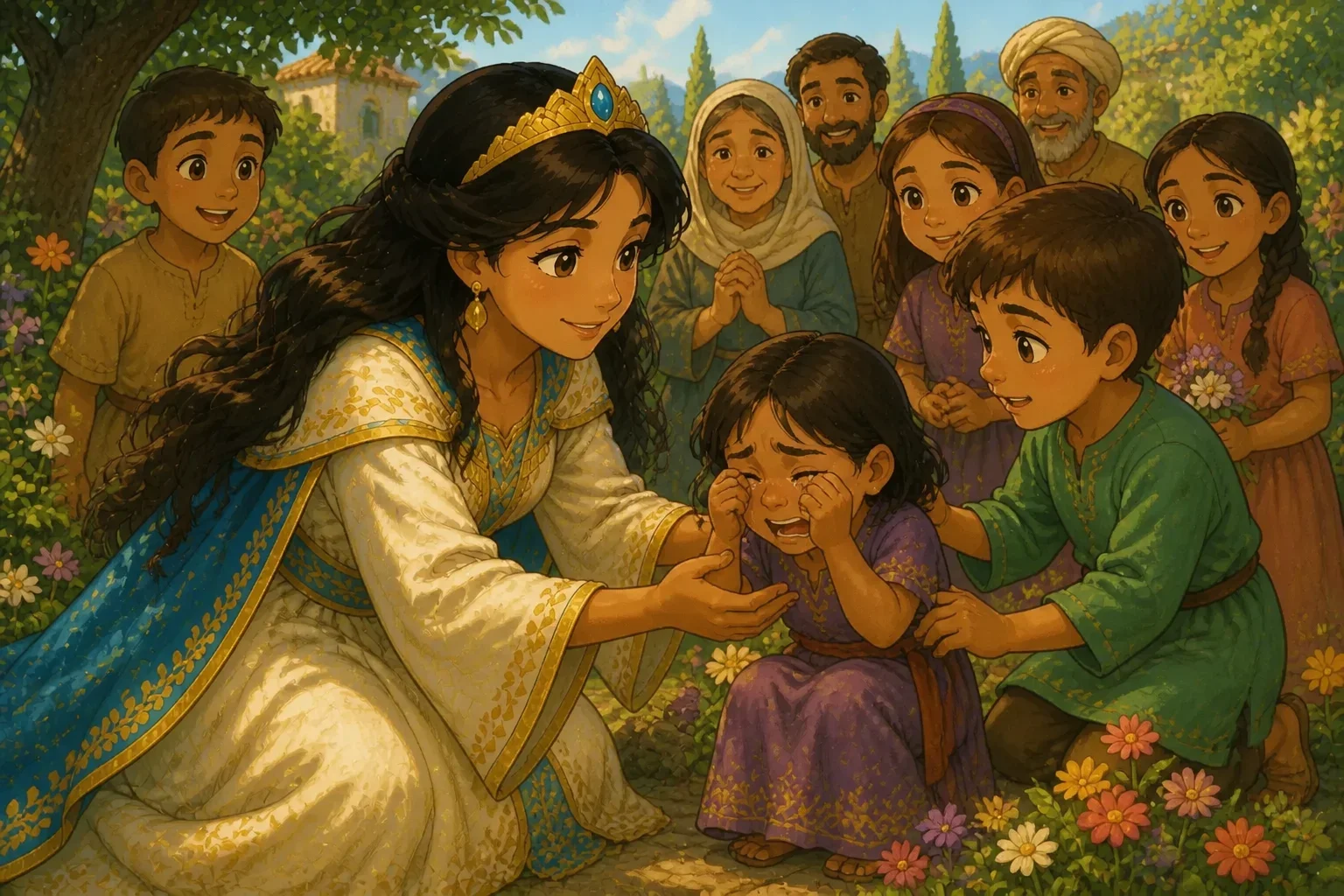 Princess Amara helping a girl find her lost doll in a lush garden, surrounded by children and villagers, illustrating her kindness and caring nature.