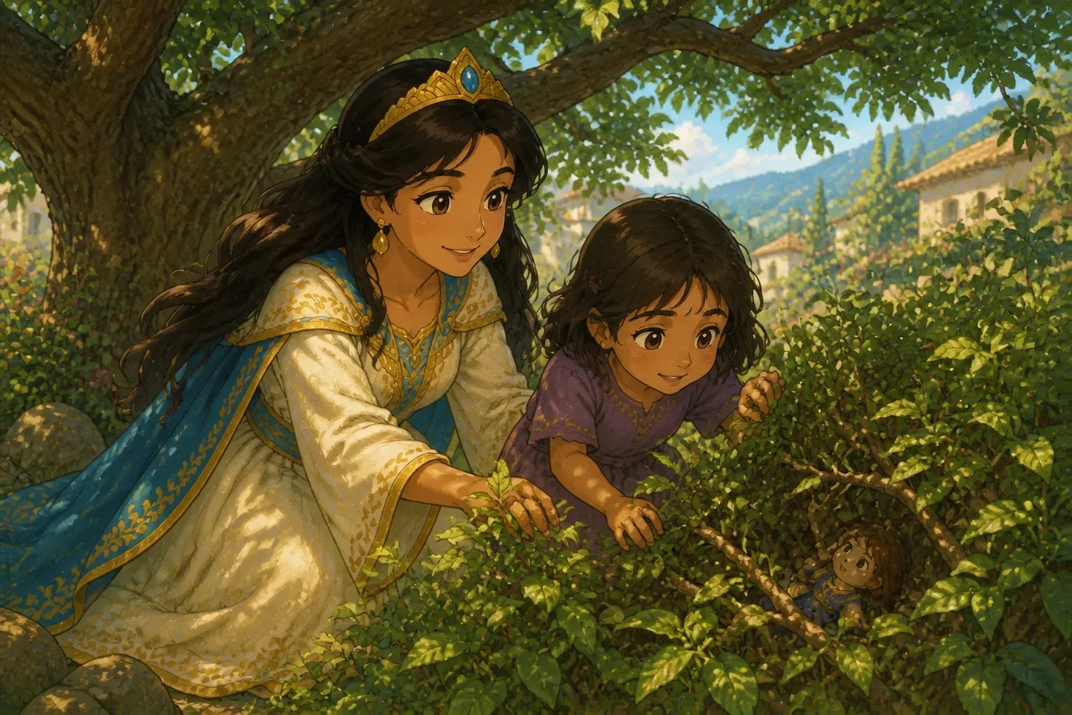 Princess Amara helping a little girl find her lost doll in the peaceful shade of an orchard.