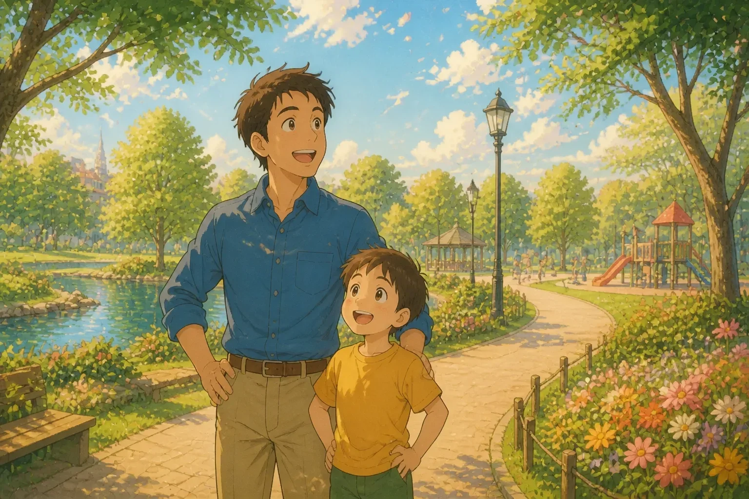 A father and son looking at a clean and beautiful park, smiling with pride and satisfaction, during a sunny day on Labor Day.