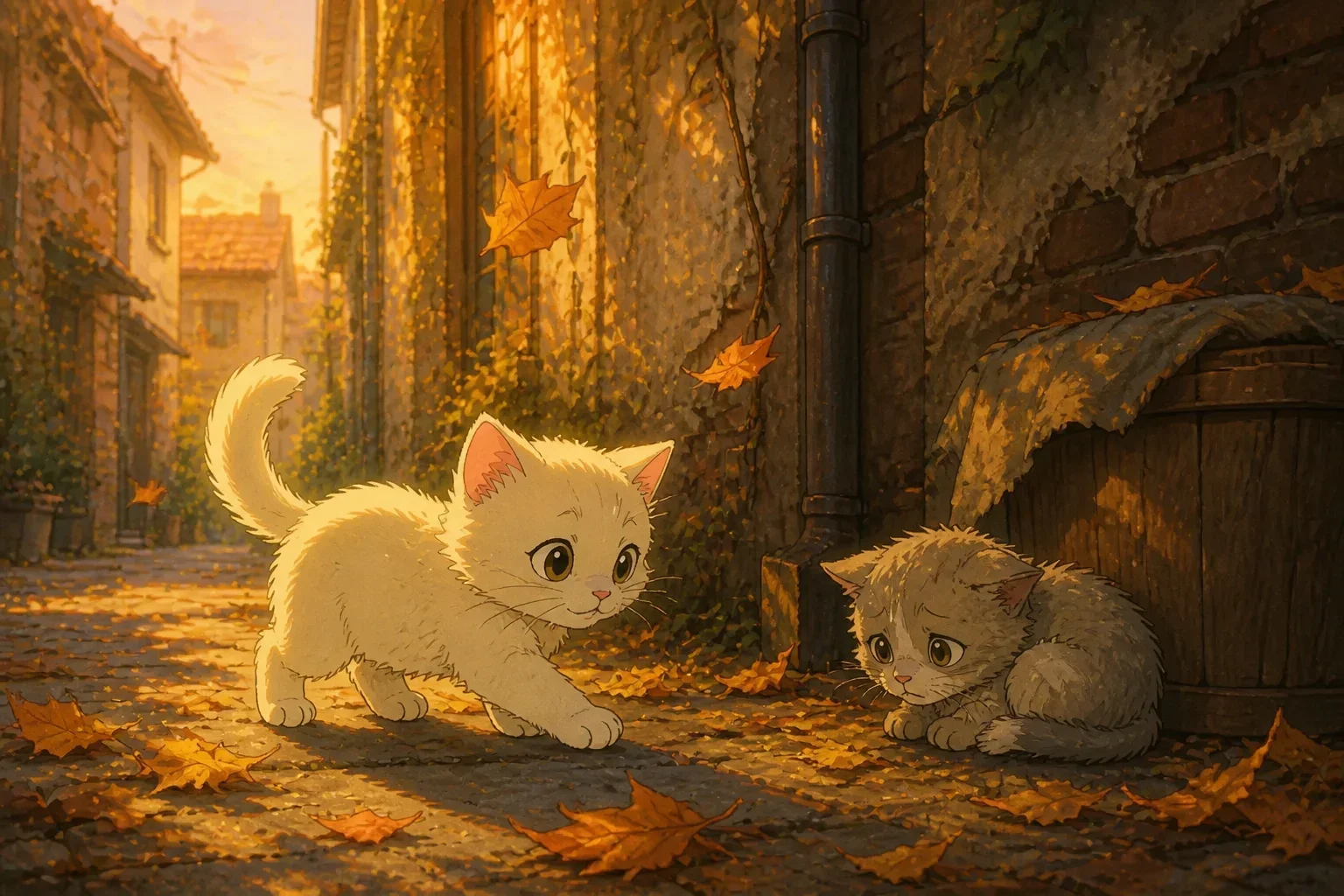 Pudding, the fluffy cream-colored kitten, gently approaching a small, shivering stray kitten in a shadowed alley, with autumn leaves around and an expression of kindness and courage.