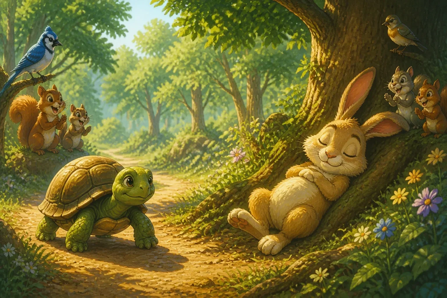 A humorous scene showing a rabbit taking a nap under a shady tree halfway through the race, while a slow-moving tortoise continues steadily ahead, with curious animals watching.