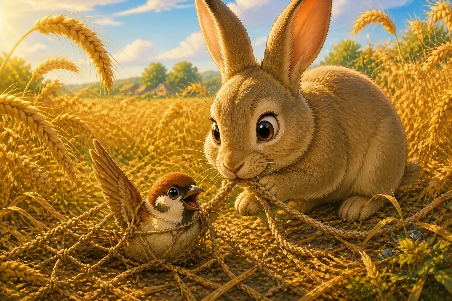 A kindhearted rabbit named Benny chewing through ropes to free the trapped sparrow in a field of golden grains.