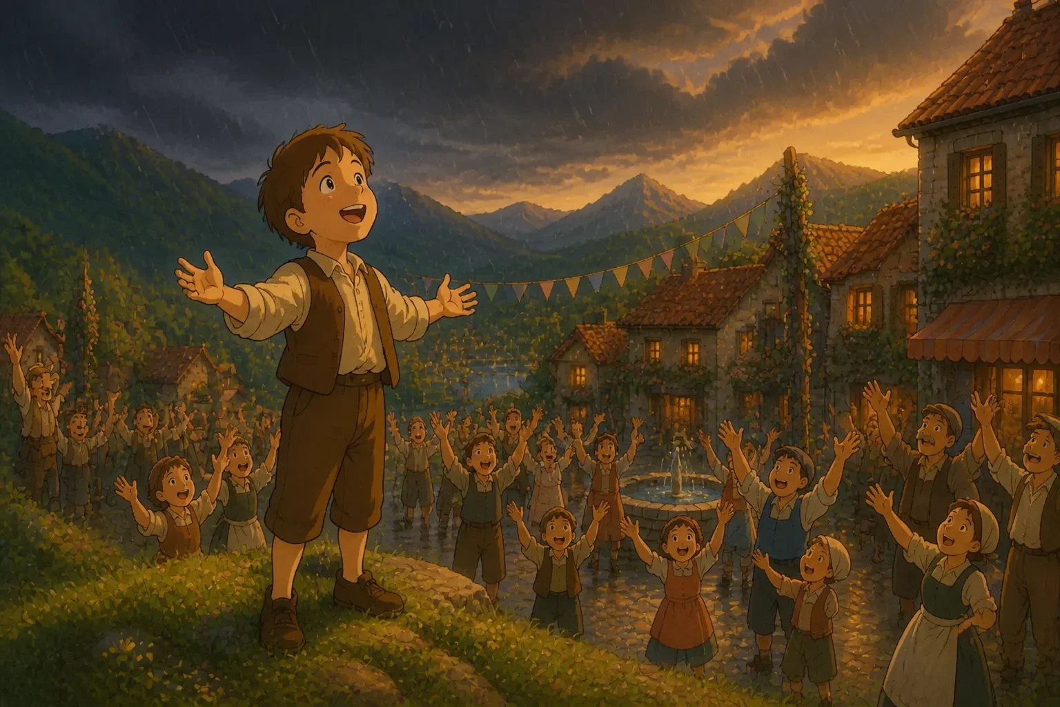 A young boy looking up excitedly as dark clouds roll in overhead, a gentle rain starting to fall while villagers watch with joy.