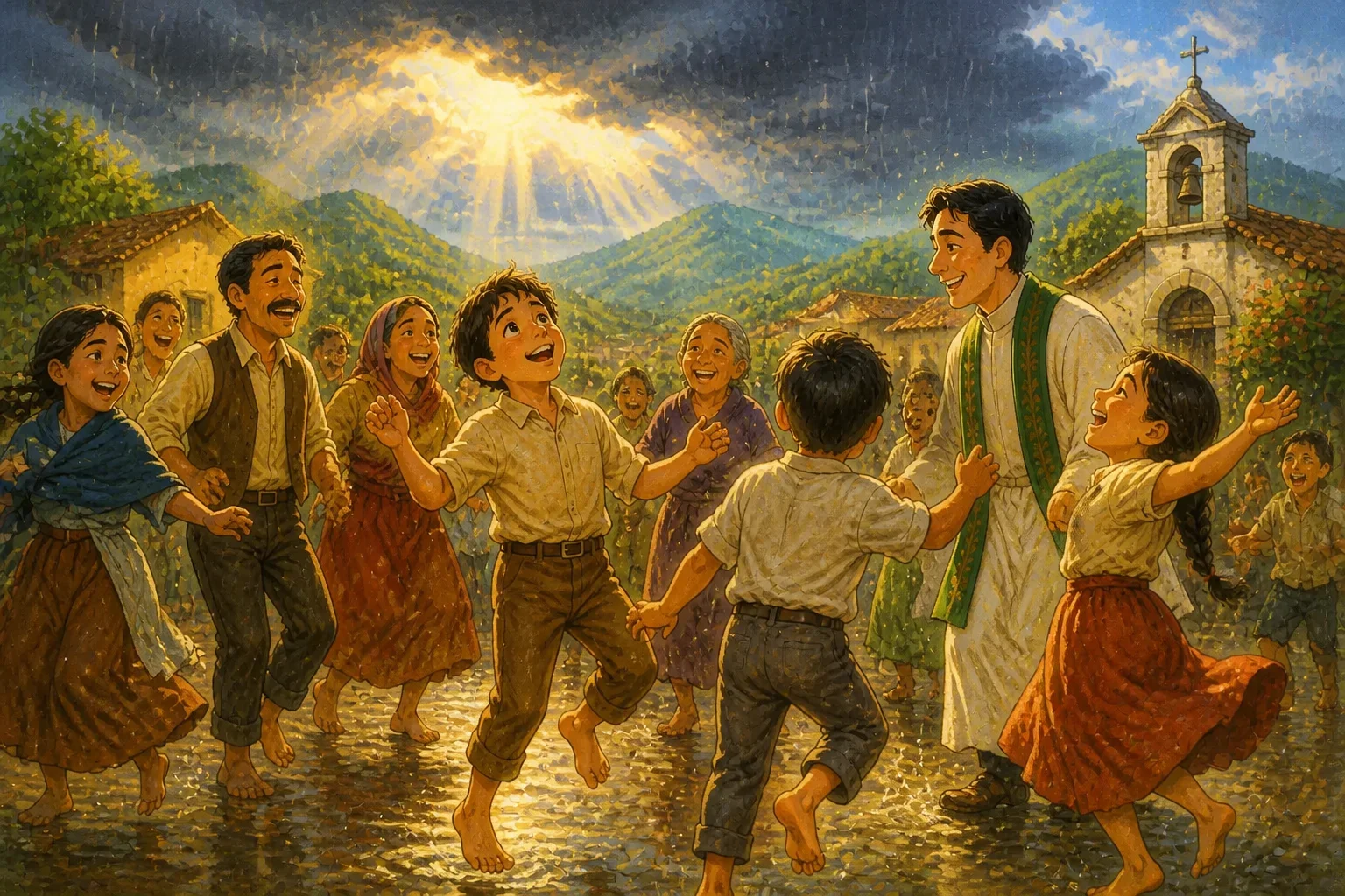 Villagers rejoicing and dancing in the rain after a prayer for help, with dark clouds parting and rain falling, symbolizing hope and community strength.