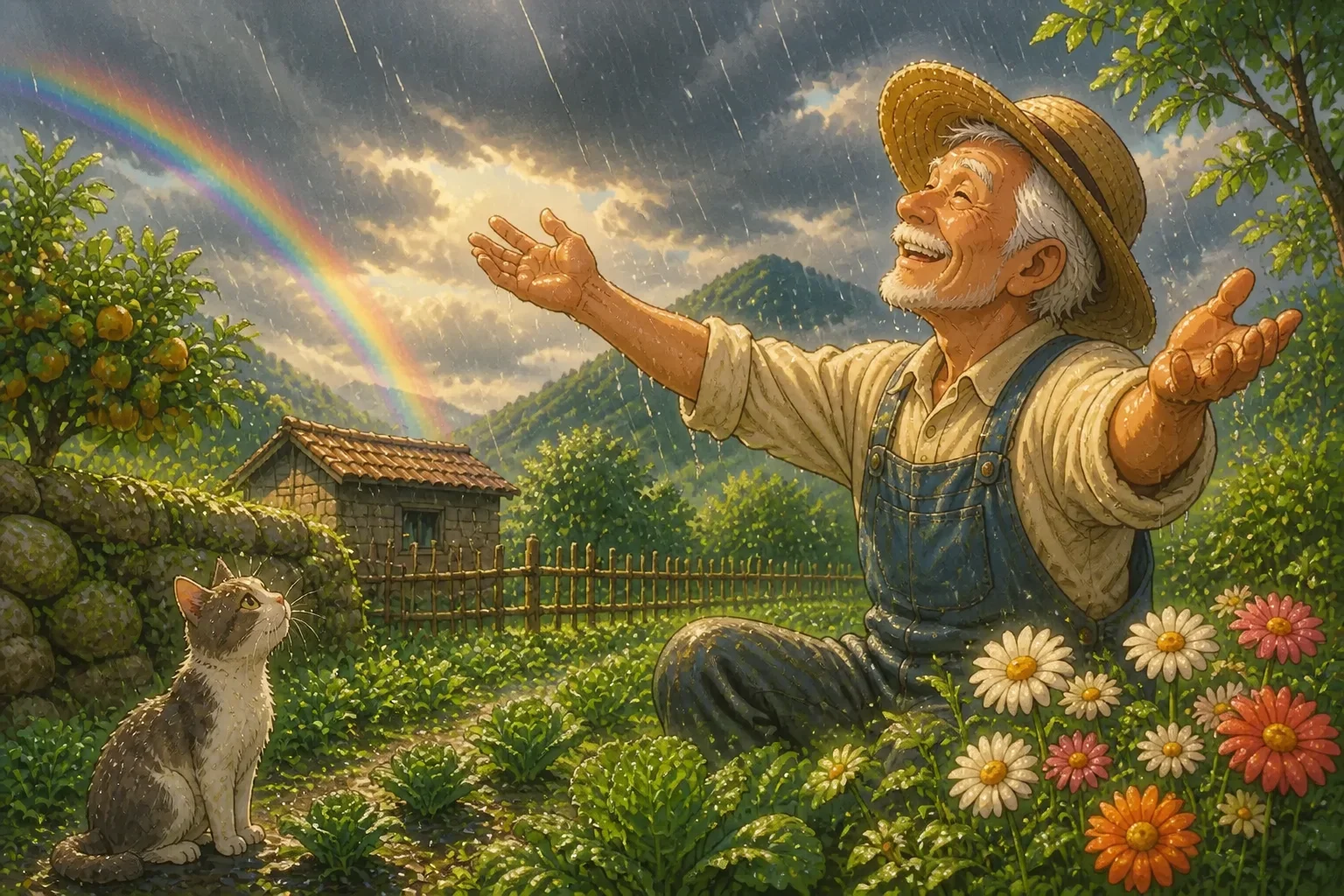 A vibrant scene of rain pouring over a flourishing farm, with the farmer smiling happily, symbolizing hope and resilience.