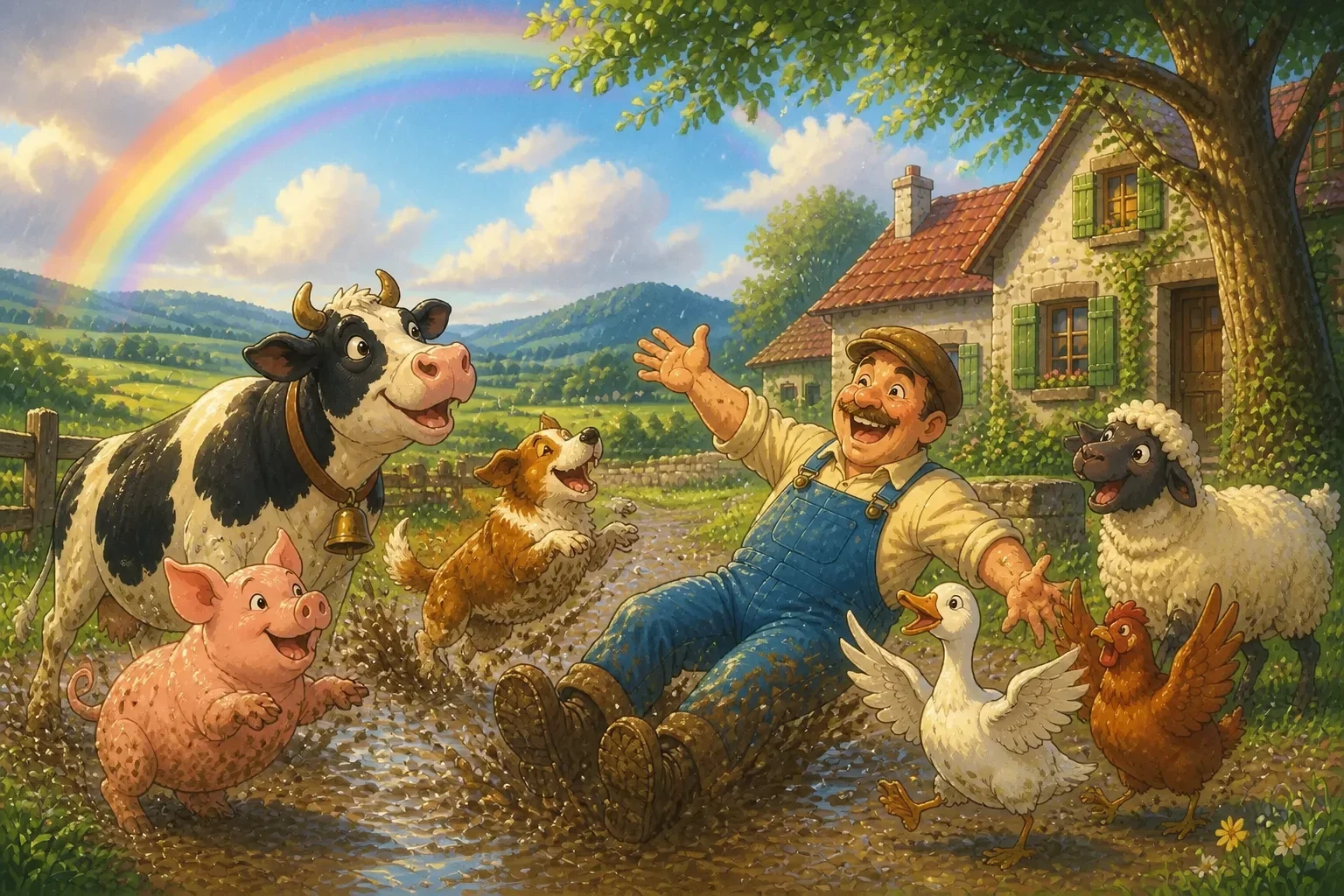 A joyful moment after the storm, with Mr. Blake smiling and playing with his animals in the rain under a colorful rainbow, as they all share a happy, lively time together, symbolizing love and renewal.