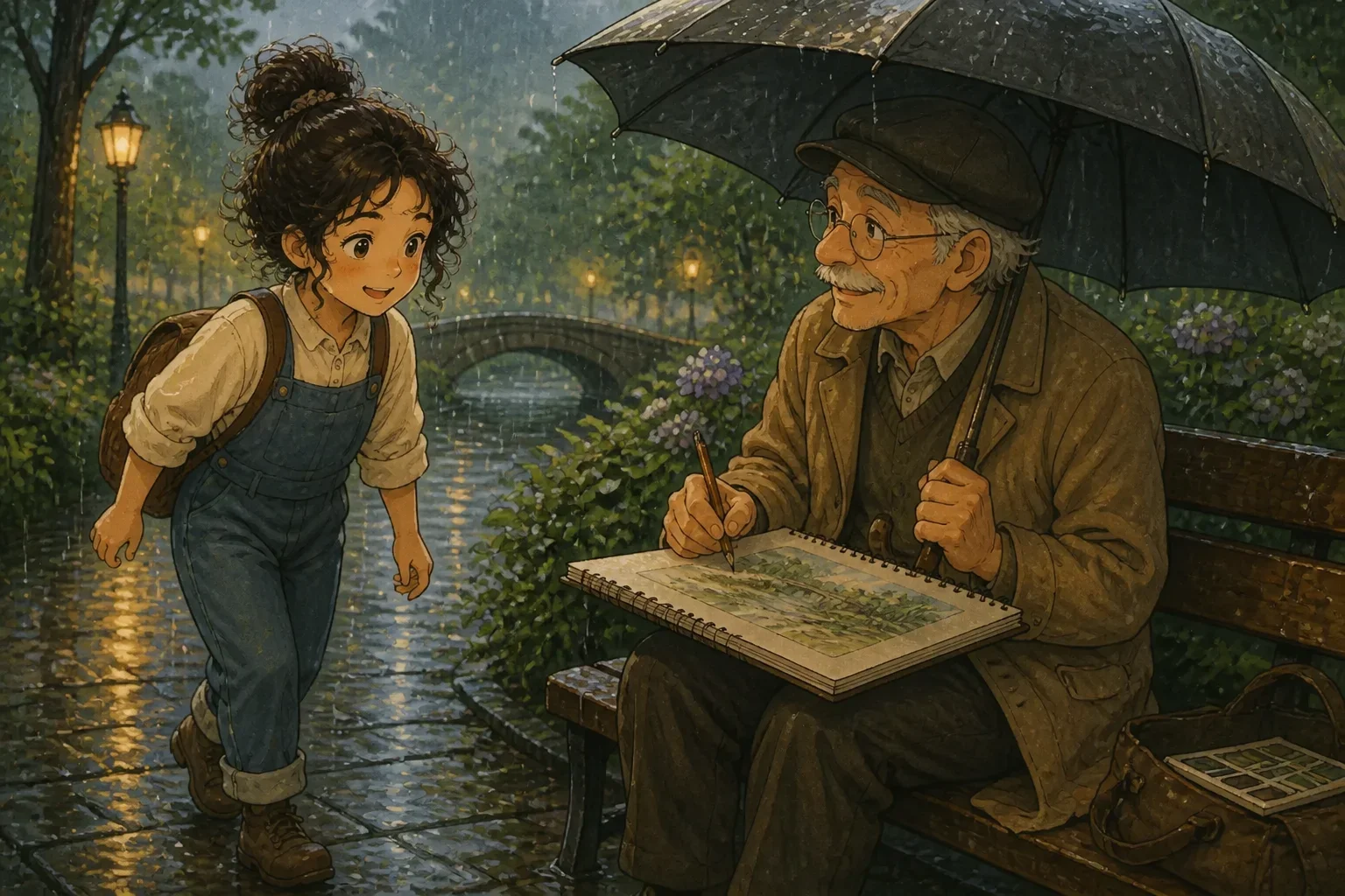 Maya meeting an elderly man sketching on a park bench during a rainy day, sharing a meaningful moment.
