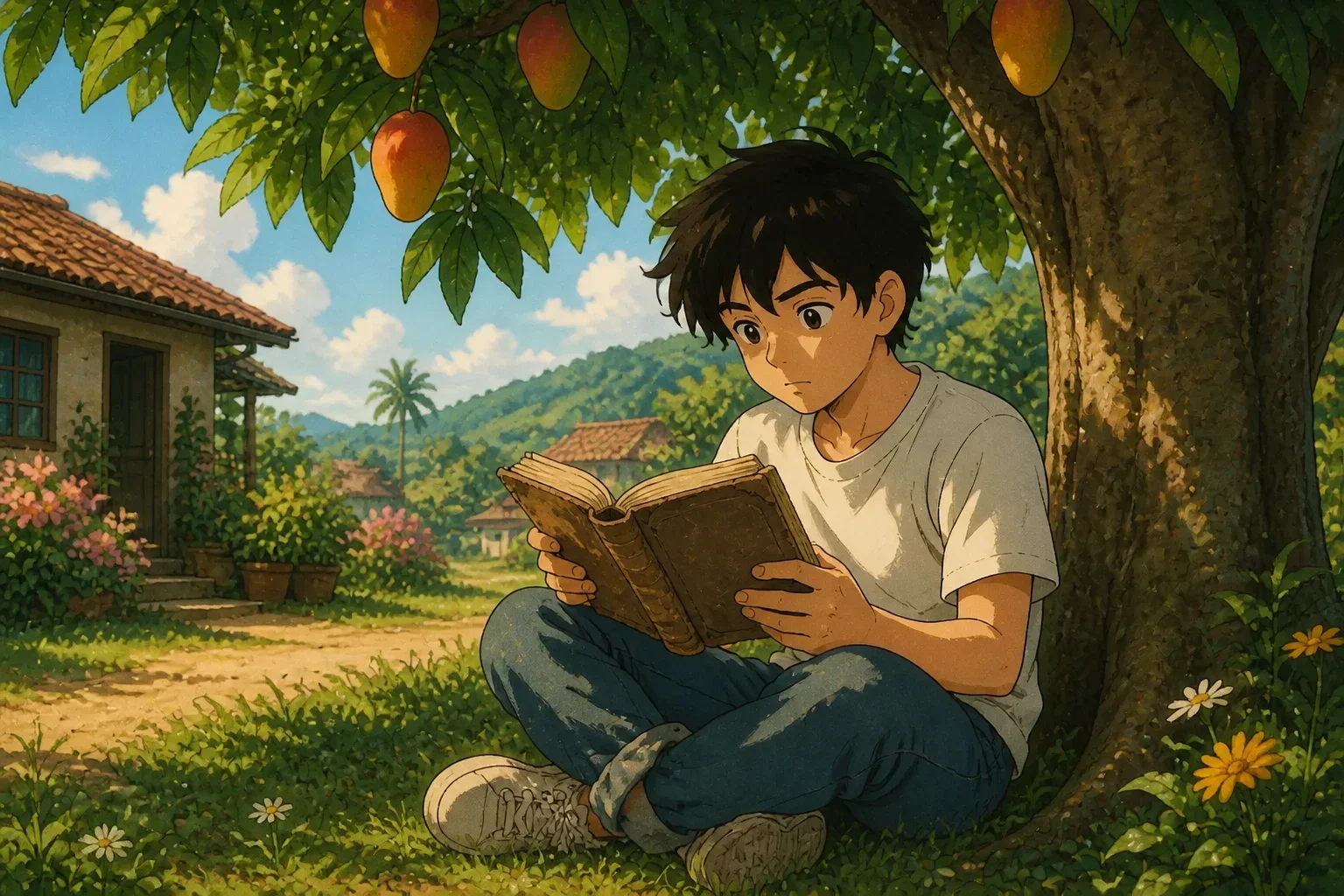 Young boy Ravi reading his father's old diary under a mango tree, with a look of reflection and emotion.