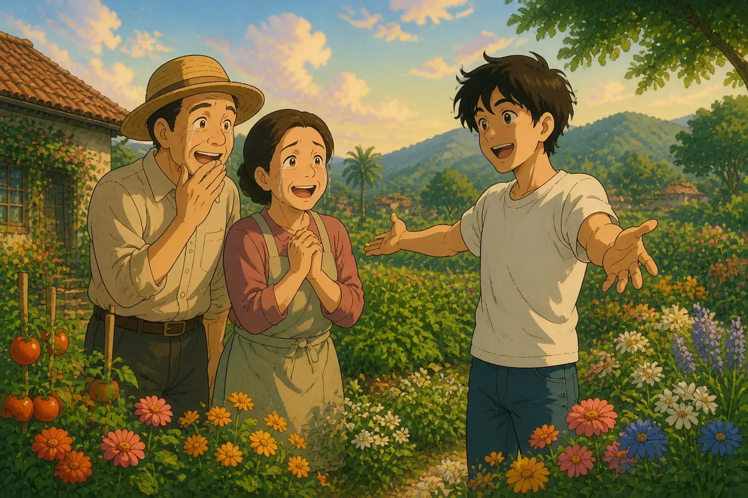 Young man Ravi and his parents in the garden, celebrating their happiness and love.