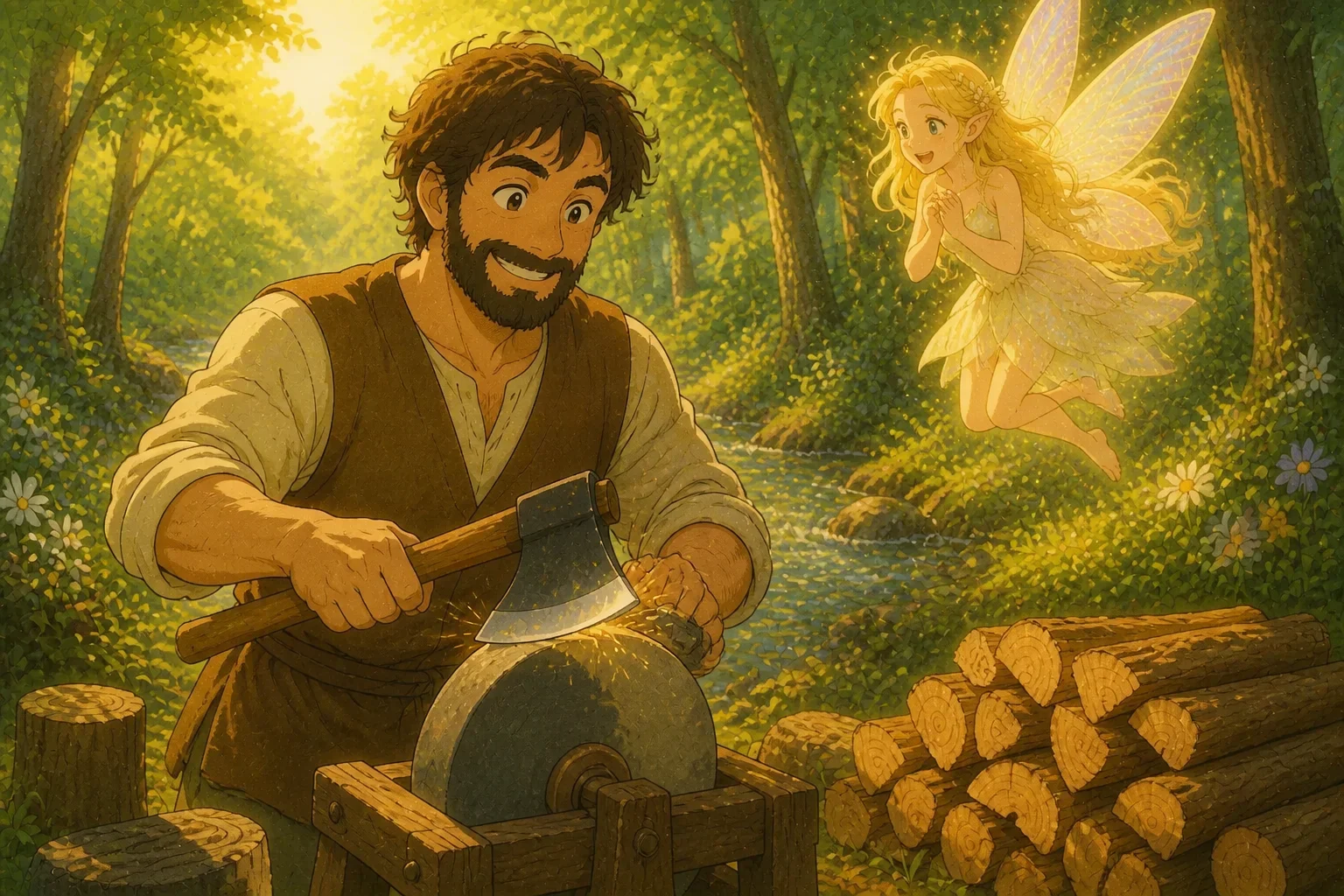The woodcutter Ravi happily sharpening his axe, with a gleaming blade under the sunlight, next to a pile of freshly chopped wood, showing his transformation.