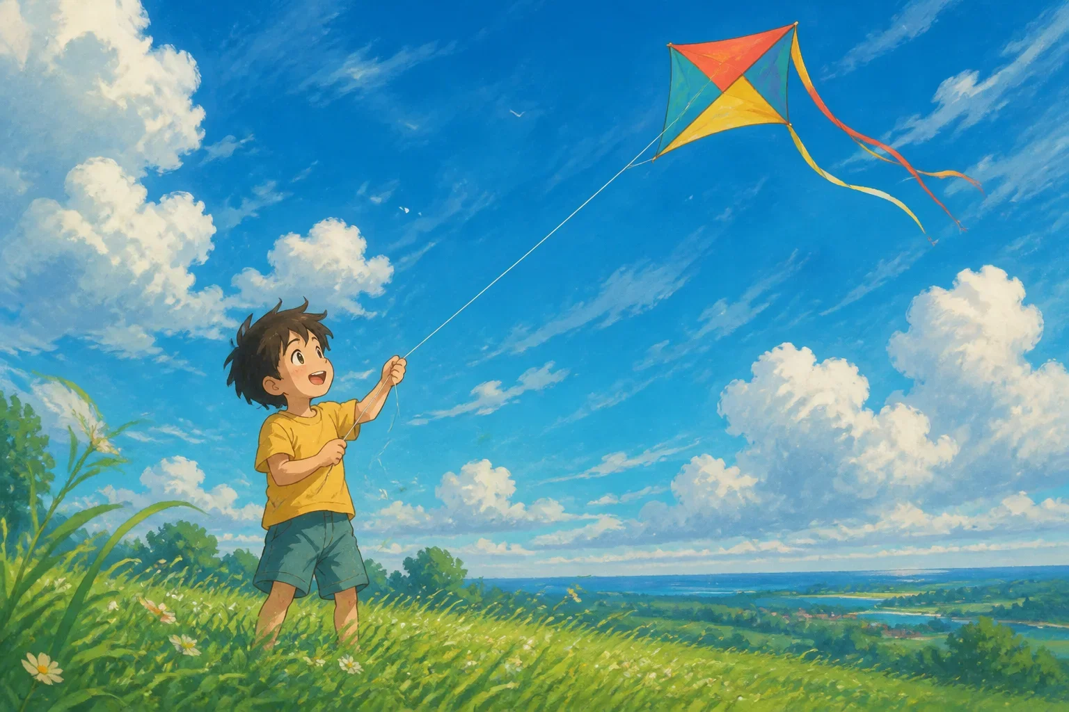 A young boy named Ren with a mop of hair watching his colorful kite soaring high in the sky before it gets caught in the wind.