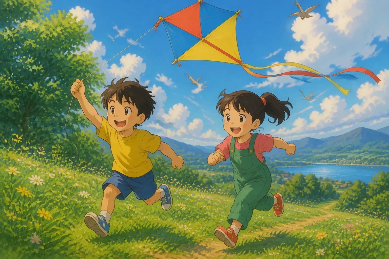 Ren and Lila happily running in the open field, with the beautifully repaired kite soaring high between them under a clear sunny sky.