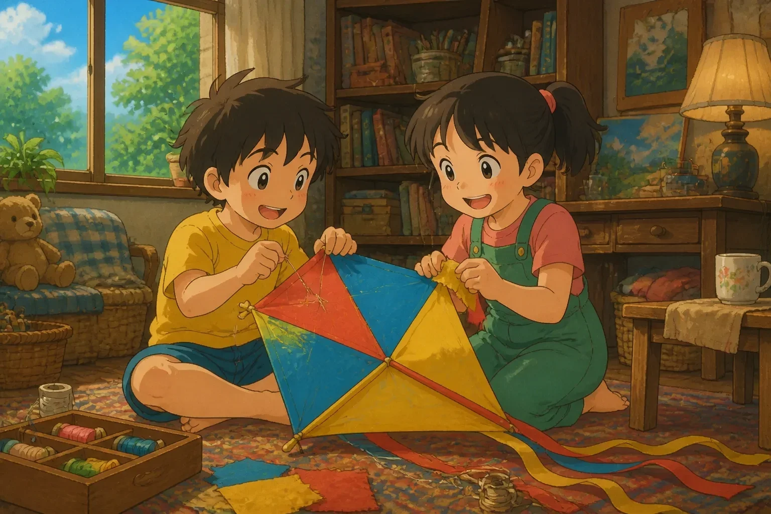 Ren and his friend Lila working together to sew and patch the broken kite in Lila's cozy home, smiling and focused.