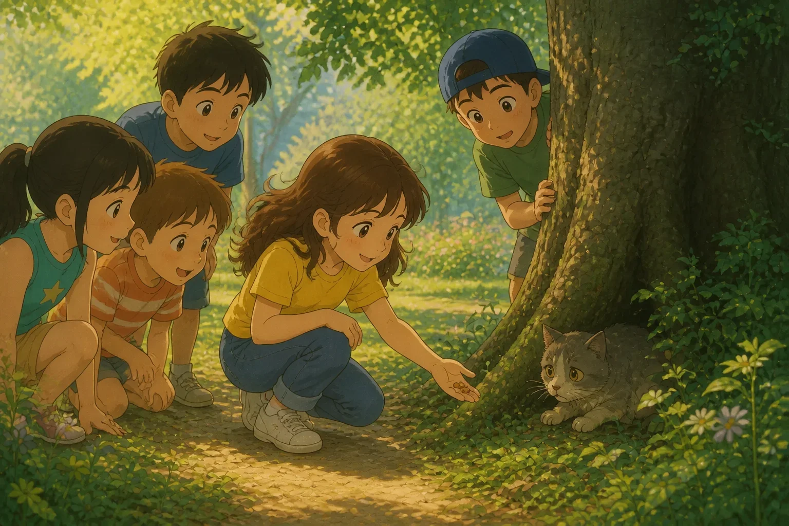 A group of children in a park with a frightened stray cat hiding behind a tree, as Lily softly offers treats and gentle words.