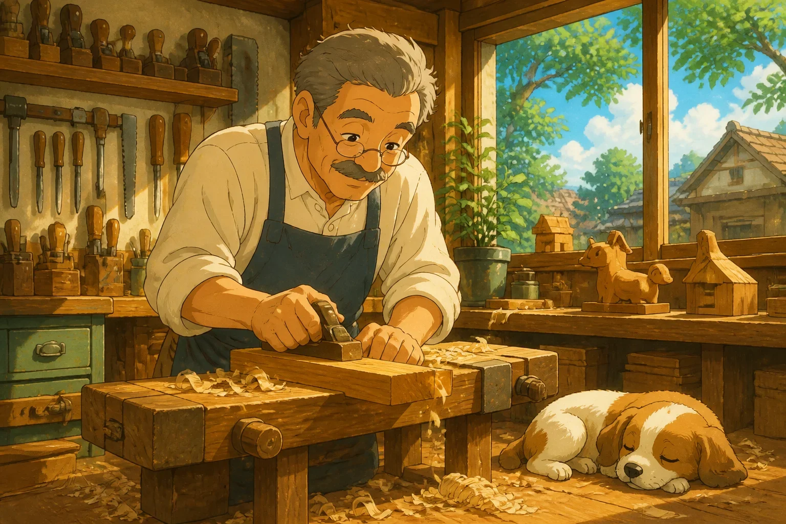 A skilled carpenter working diligently in his workshop, surrounded by woodworking tools and wooden projects, with a look of focus and pride.