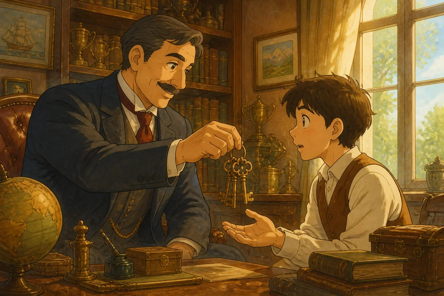 A wealthy man giving a set of ornate keys to his son in a grand study filled with books and trophies.