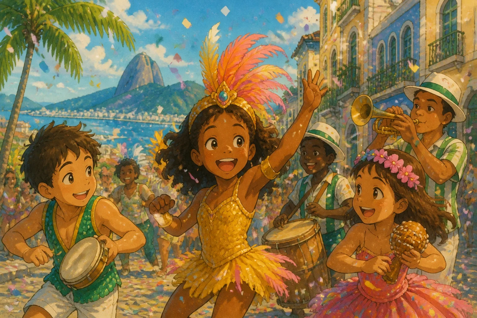 Children in vibrant costumes dance together in the streets during Rio Carnival.