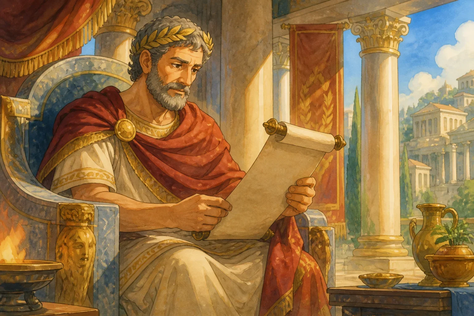 A noble Roman emperor dressed in ancient robes sitting gracefully on a throne, surrounded by symbols of wisdom like scrolls and a quill, in a warm, grand hall.