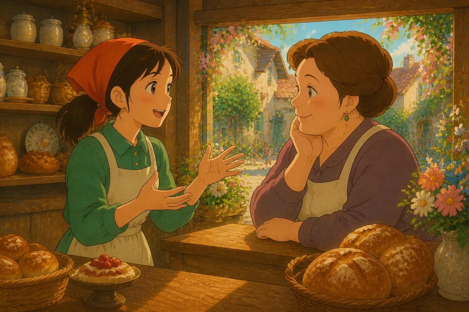 Rose confidently telling her boss in the bakery that she wants to pursue painting, her expression is brave and hopeful as the boss listens kindly.
