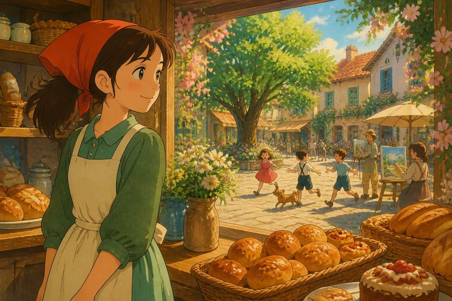 A young woman named Rose stands in her cozy bakery, gazing out the window with a dreamy expression, surrounded by the warm aroma of baked bread and a glimpse of the village scene outside.