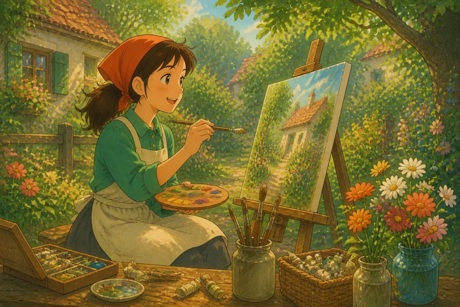 Rose is happily painting a colorful landscape of her village on a canvas, surrounded by her paints and brushes, with a joyful expression on her face.